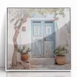 Art Deco-style door framed in white acrylic, featuring geometric patterns and pastel colors, ideal for modern art wall decor.