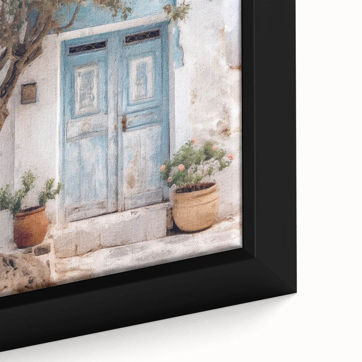 Close-up of a black framed canvas featuring a textured Greek door design in vibrant colors, ideal for living room decor.