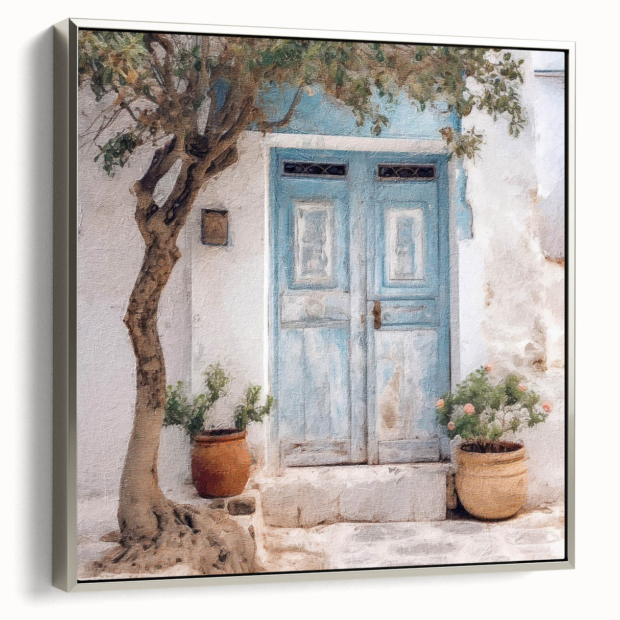 Framed canvas depicting a vintage black door with colorful detailing, ideal for adding character to a living room.