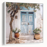 Framed canvas of a vintage poster featuring a Greek architecture door design in black and white, ideal for living room decor.