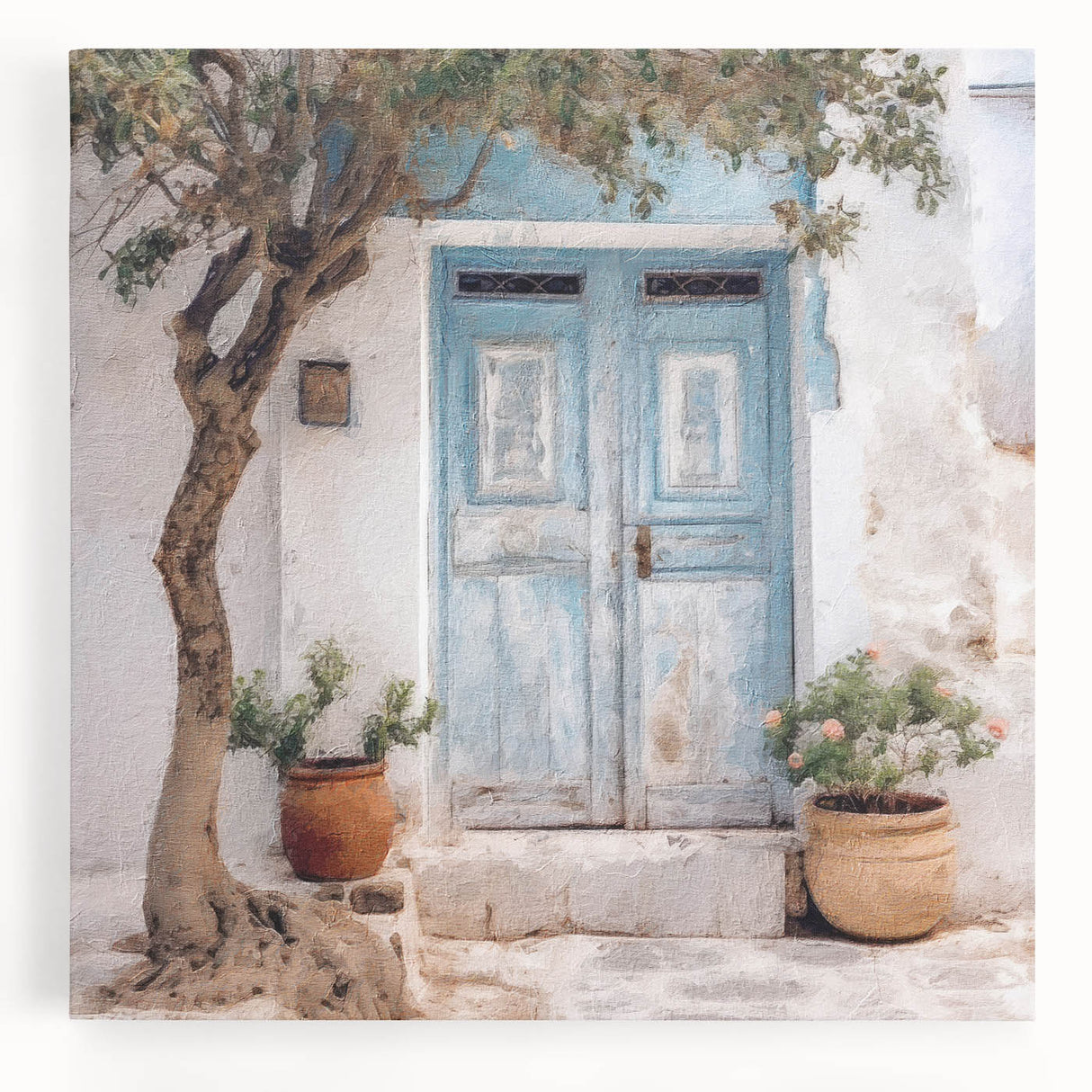 Black and white photo of a Greek door on stretched canvas, suitable for kitchen wall art.