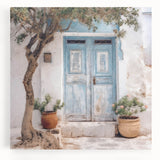Black and white photo of a Greek door on stretched canvas, suitable for kitchen wall art.