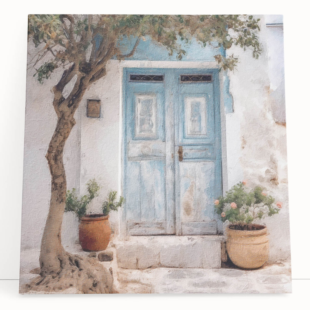 Black and white photo of a Greek architecture door on stretched canvas, ideal for kitchen wall art or bedroom ambiance.