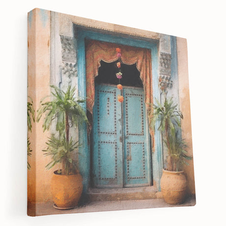 Large art depicting an Indian architecture door in earth tones on stretched canvas, suitable for kitchen wall art.