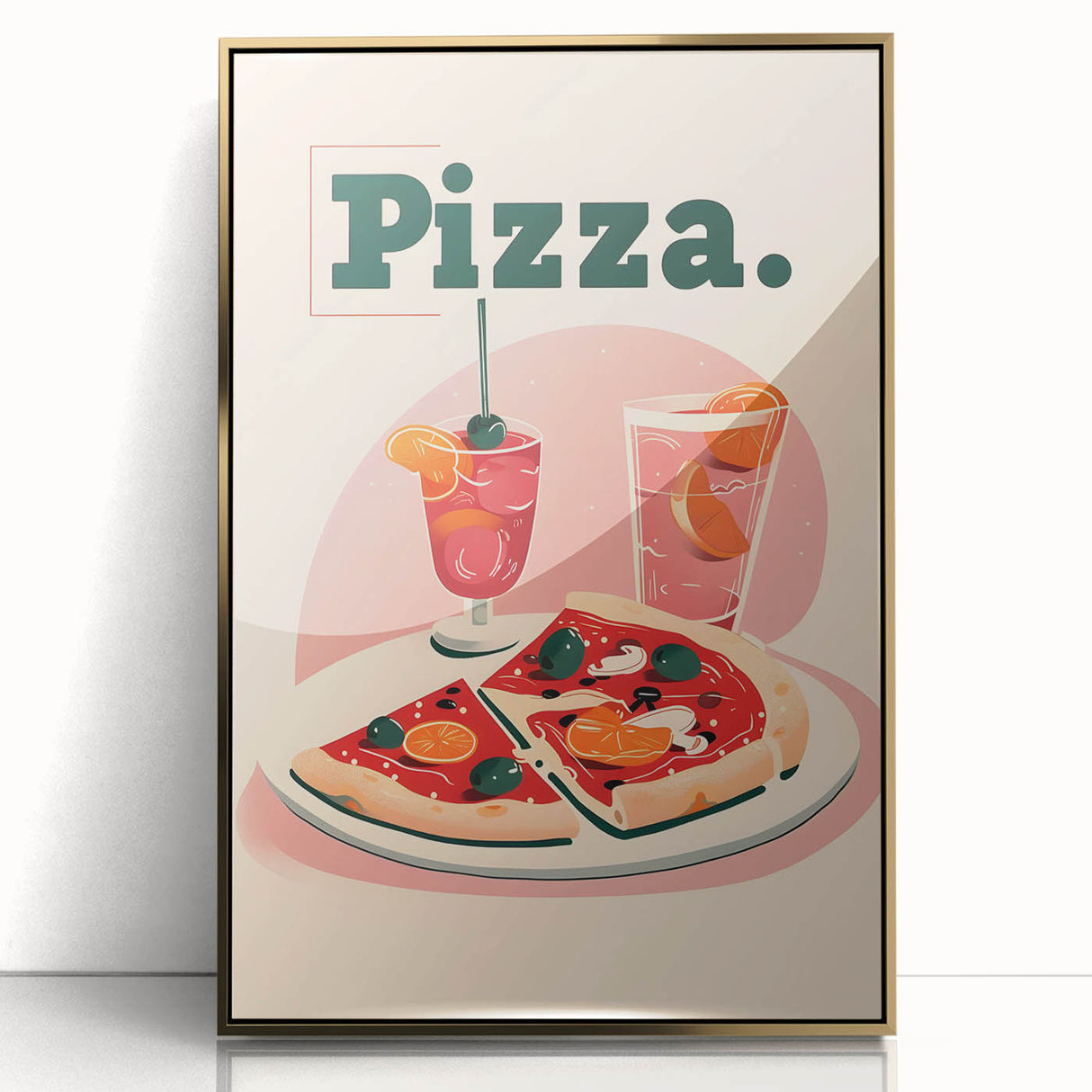 Mid-century modernist large art print of abstract dishes in gold and teal, acrylic framed.