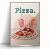 Art deco poster of colorful dishes on white acrylic, framed, ideal for modern nursery wall art.