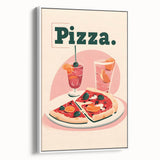 Vintage poster art of colorful dishes on a black background, framed canvas, ideal for living room decor.