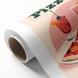 Art deco poster featuring colorful dishes on rolled canvas, ideal for dining room or nursery wall art.