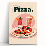 Black and white print of assorted dishes on a large stretched canvas, suitable as kitchen wall art.