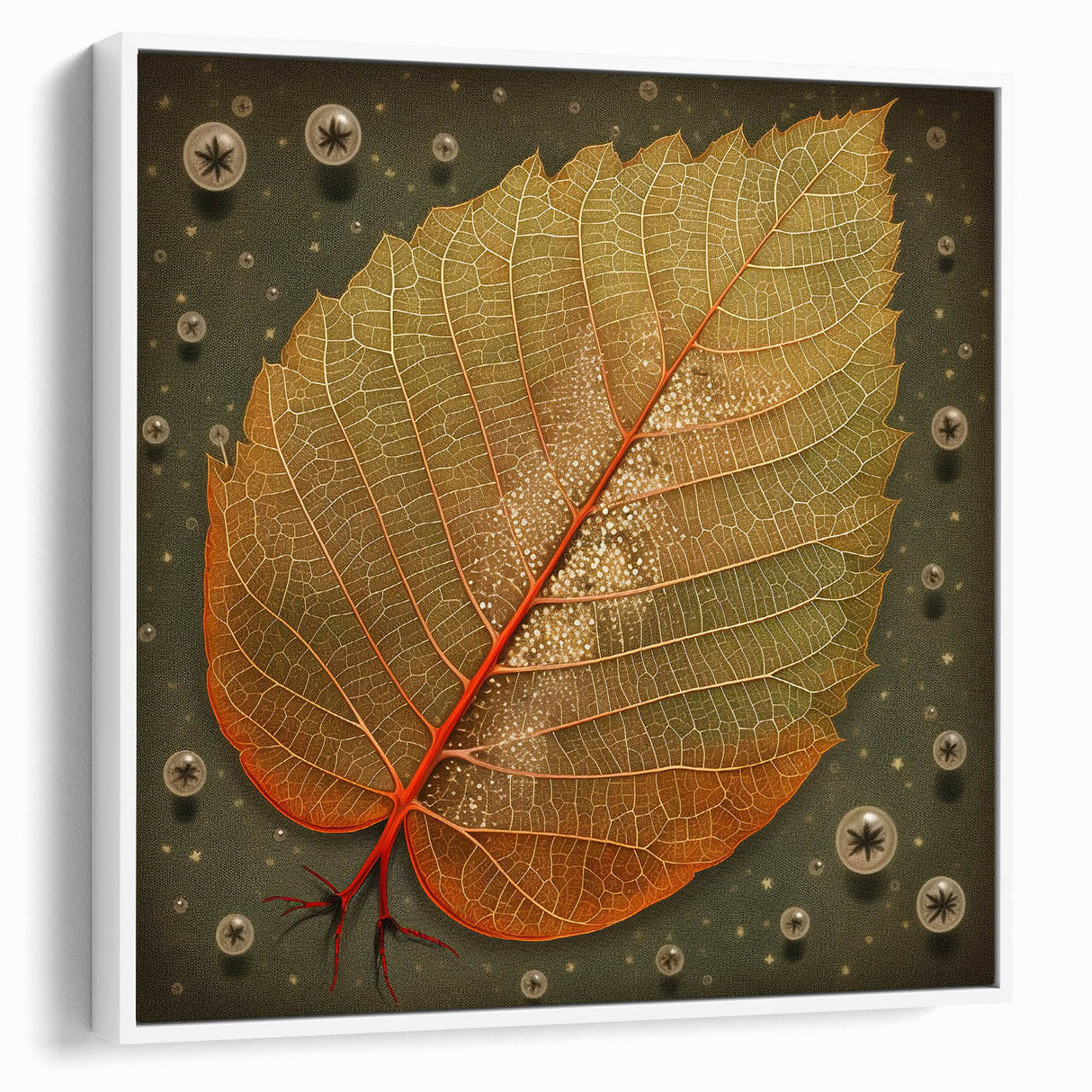 Framed canvas wall art showcasing vibrant flowers and botanical leaves, elegantly displayed in a white frame, perfect for enhancing home decor with a touch of nature.