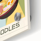 Large abstract wall art featuring assorted food dishes in vibrant colors on acrylic glass, ideal for dining room decor.