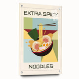 Acrylic glass print of assorted food dishes in vibrant colors, ideal for dining room decor.