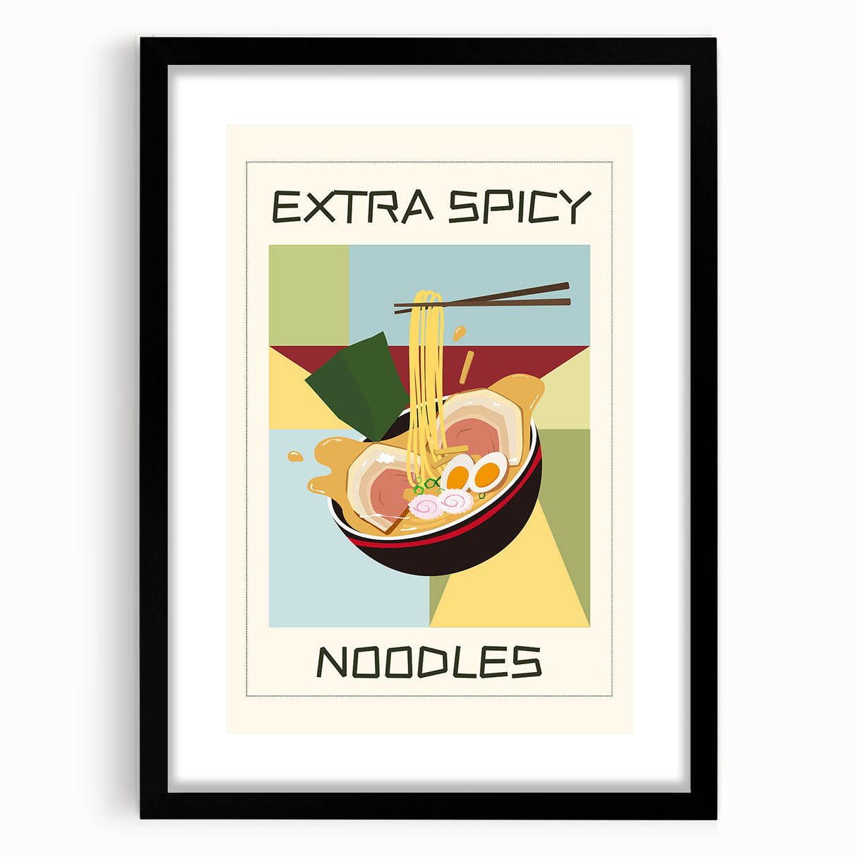 Extra large abstract art print depicting colorful, textured food dishes on a black framed canvas.
