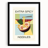 Extra large abstract art print depicting colorful, textured food dishes on a black framed canvas.