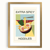 Extra large framed abstract art print featuring textured imagery of assorted dishes in muted earth tones.