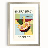 Textured art print featuring abstract food dishes in muted earth tones, framed in silver, suitable for bedroom decor.