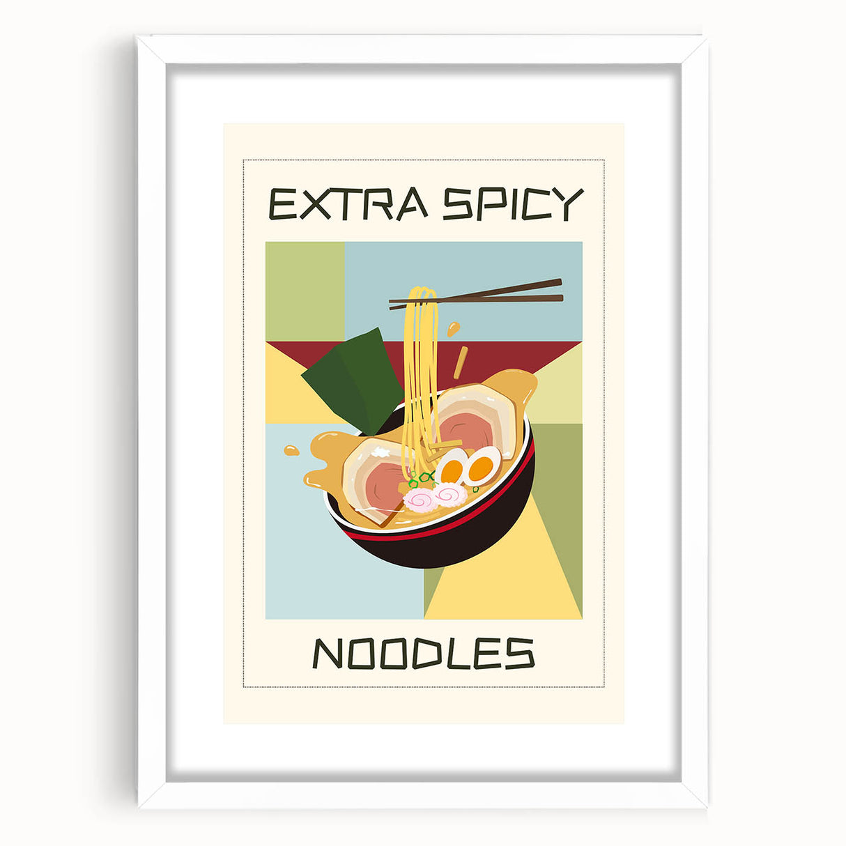 Abstract art print featuring an array of colorful food dishes on a white framed mat, ideal for dining room decor.