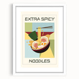 Abstract art print featuring an array of colorful food dishes on a white framed mat, ideal for dining room decor.