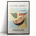 Large abstract wall art featuring assorted food dishes in muted earth tones, framed in black acrylic.