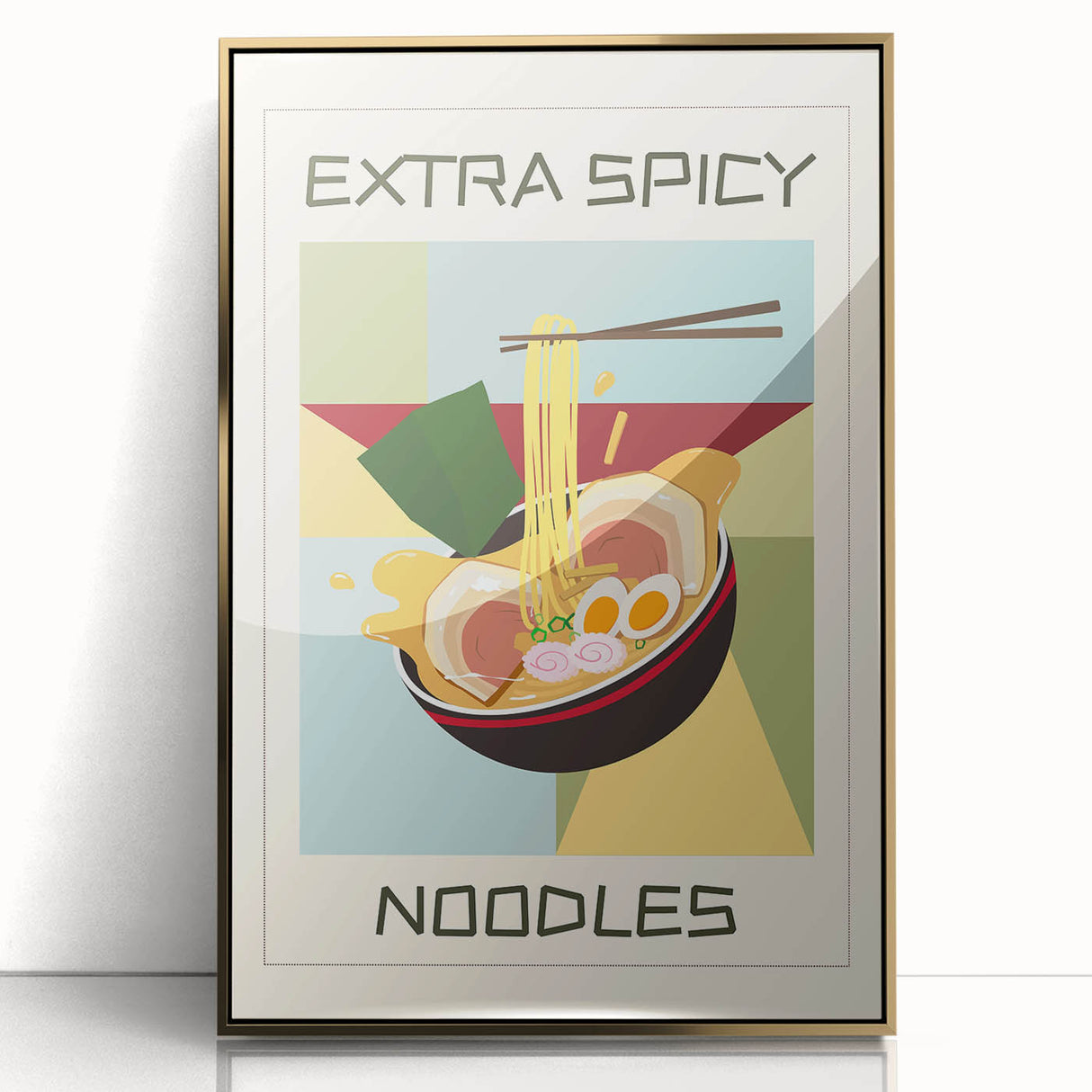 Large art print of assorted food dishes in mid-century modernist style, framed in gold acrylic.