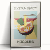 Mid-century modernist art featuring a variety of stylized food dishes in vibrant colors on a silver-framed acrylic.