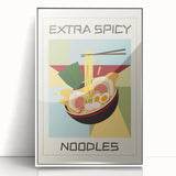 Art deco poster featuring assorted food dishes, in a white acrylic frame, suitable for modern kitchen decor.