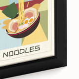 Close-up of a black framed canvas featuring a colorful, textured depiction of various food dishes.