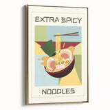 Framed canvas featuring a vintage poster art landscape of food dishes in black and gold, ideal for bedroom wall art.