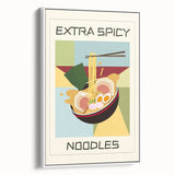 Vintage poster art featuring an array of colorful food dishes on a black background, framed canvas.