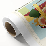 Art deco poster featuring assorted food dishes in bold colors on rolled canvas, suitable for dining room decor.