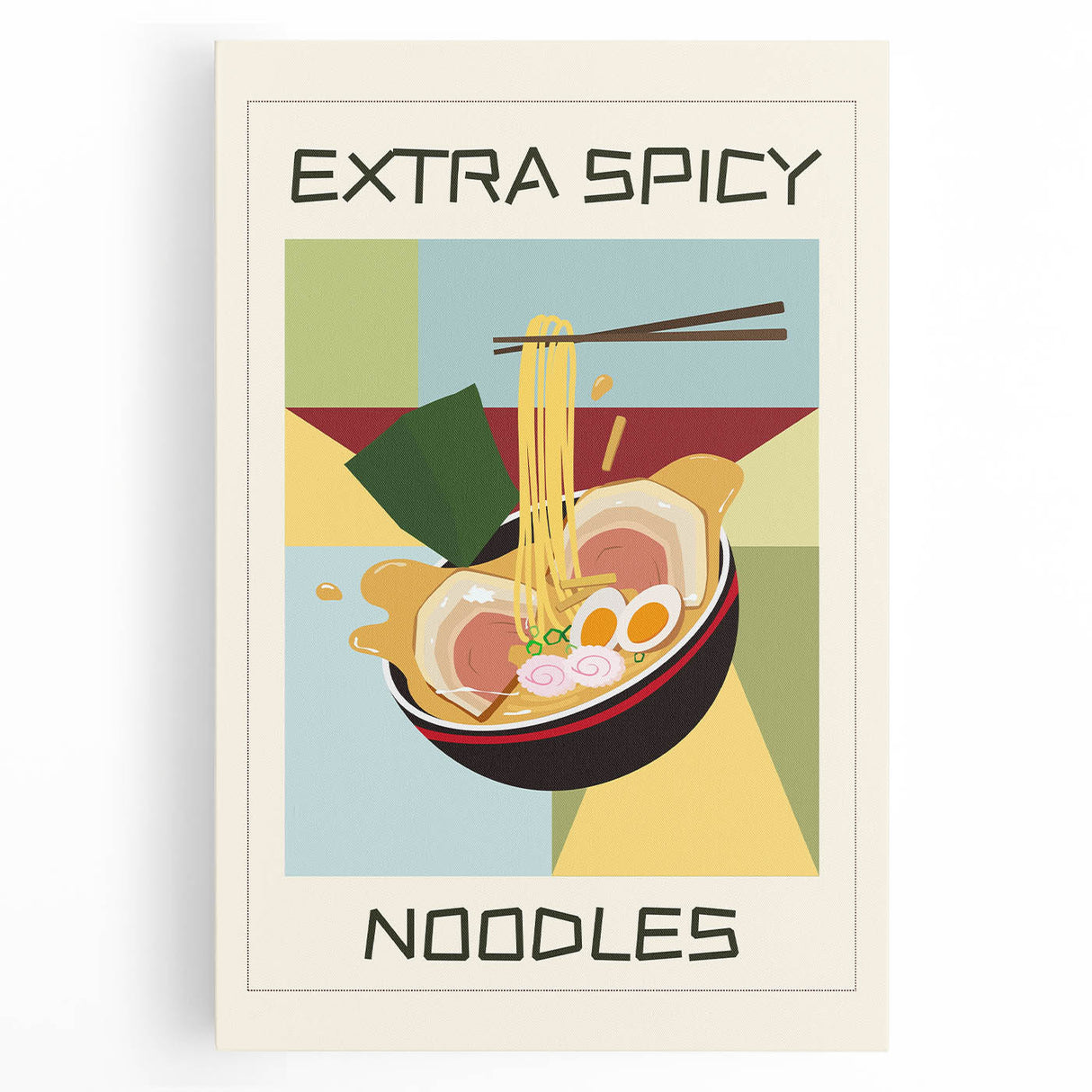 Large black and white stretched canvas featuring an array of various food dishes, ideal for kitchen wall art.