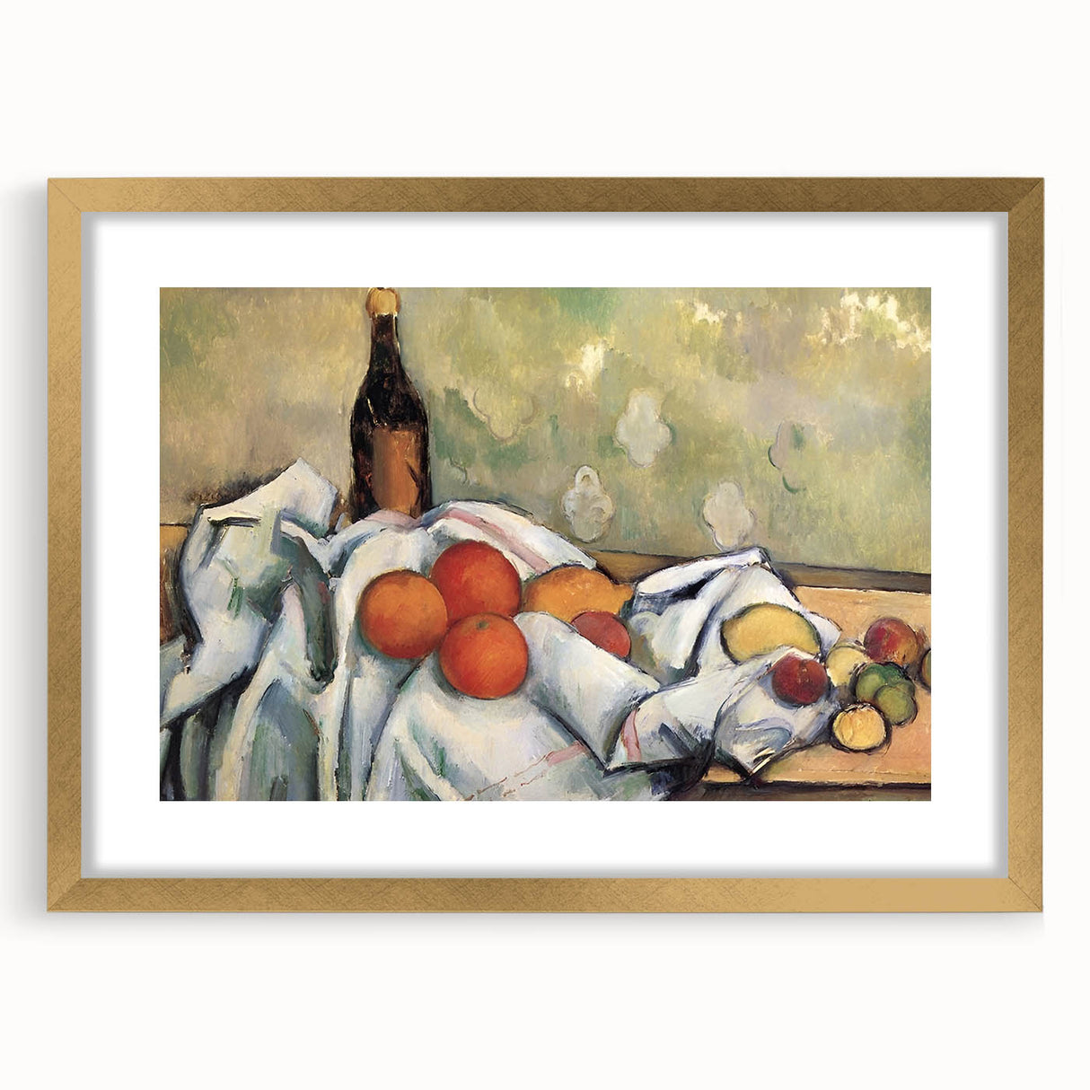 Abstract art print featuring swirling patterns in muted gold and cream tones, framed with a gold mat.