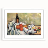 Textured art print of abstract food and drinks in muted earth tones, framed with a white mat, suitable for bedroom decor.
