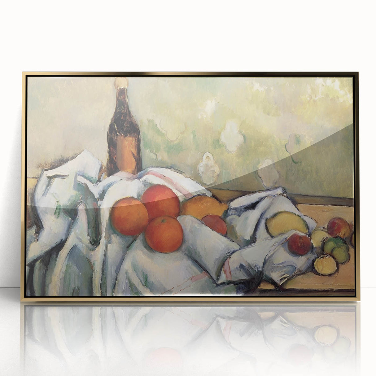Art deco poster of food and drinks in gold and black tones, framed acrylic, ideal for modern dining room decor.