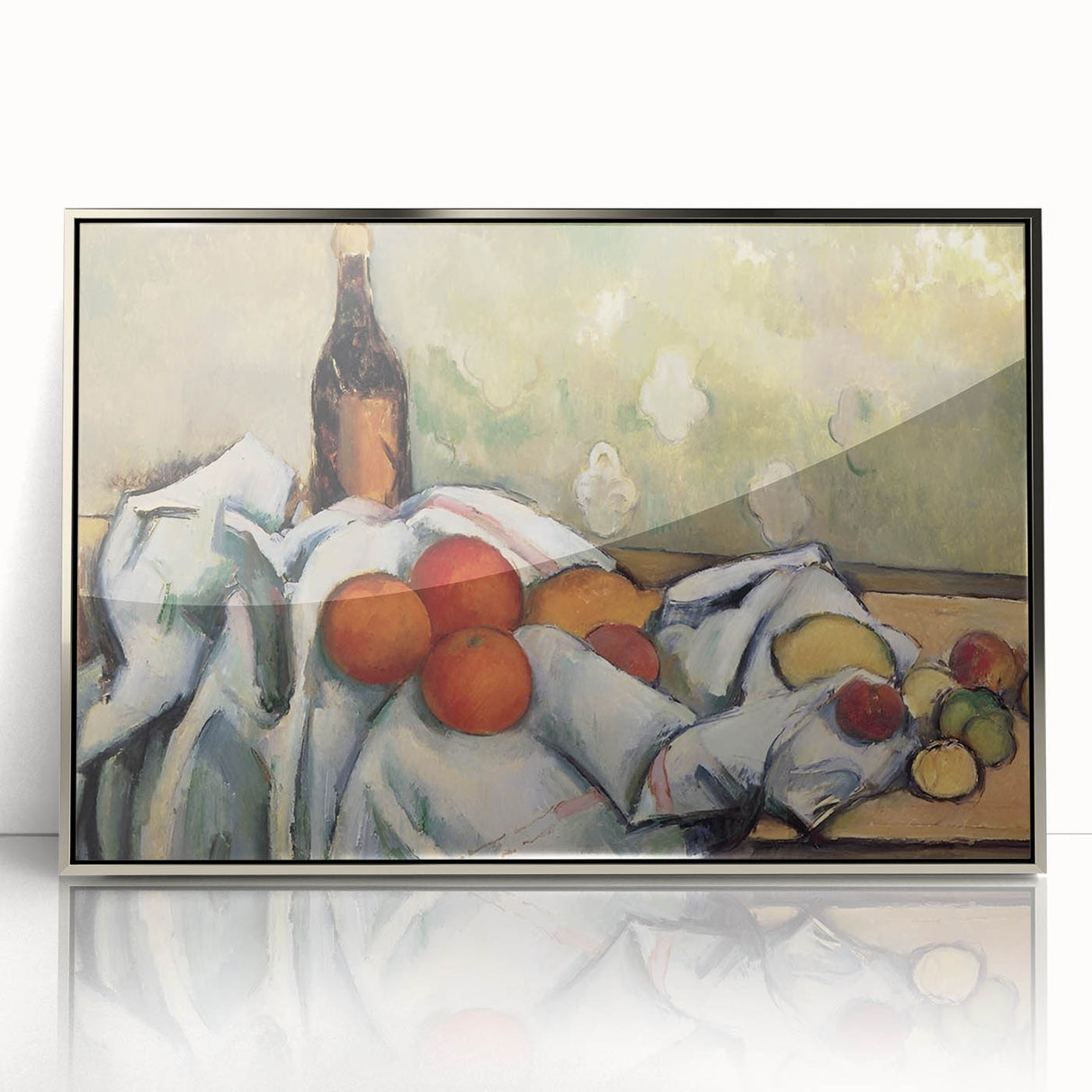 Large art print of a mid-century modernist food and drinks theme in silver frame, ideal for modern kitchen decor.