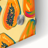 Large abstract wall art featuring assorted fruits in vibrant colors on acrylic glass, ideal for dining room art.