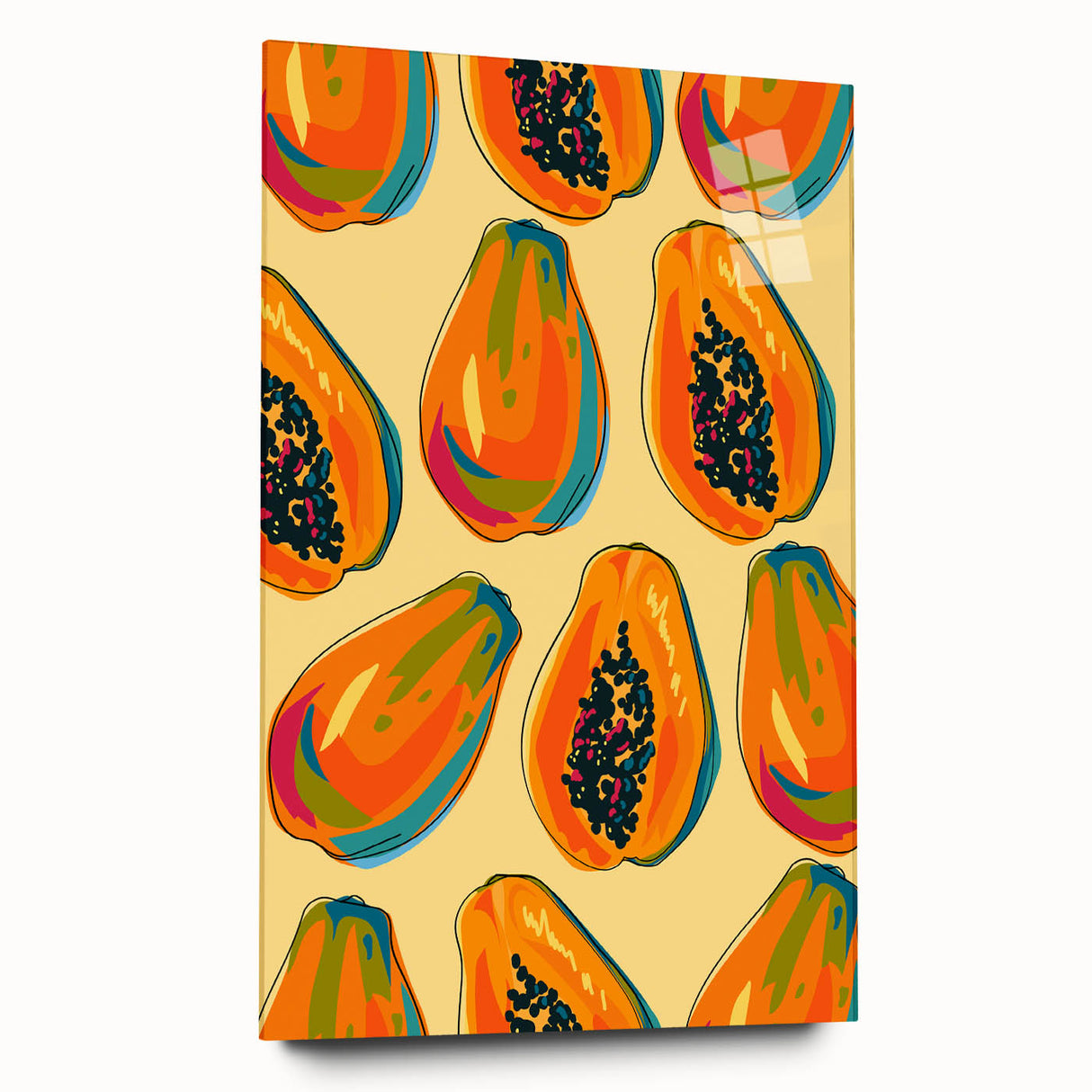 Large abstract wall art featuring assorted fruits in vibrant colors on acrylic glass.