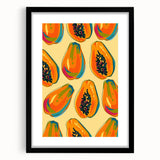 Extra large abstract art print featuring colorful, textured fruits on a black framed canvas, ideal for living room decor.
