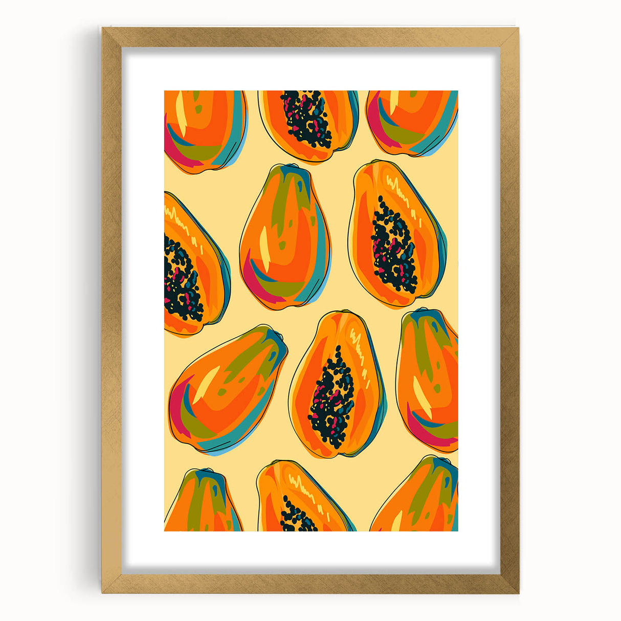 Extra large abstract art print featuring textured fruits in vibrant colors, framed in gold, ideal for living room decor.