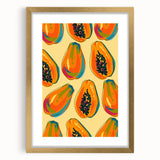 Extra large abstract art print featuring textured fruits in vibrant colors, framed in gold, ideal for living room decor.