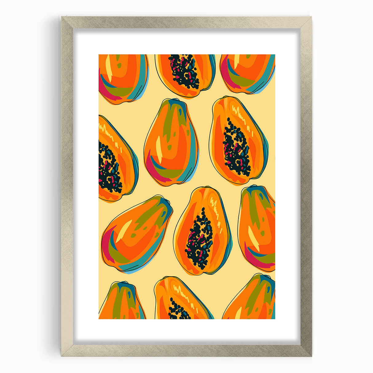 Textured art print of abstract fruits in vibrant colors, framed in silver, ideal for bedroom wall decor.
