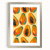 Textured art print of abstract fruits in vibrant colors, framed in silver, ideal for bedroom wall decor.