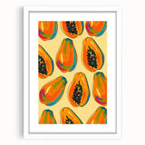 Abstract art print featuring assorted fruits in vibrant colors on a white matte framed poster, ideal for dining room decor.