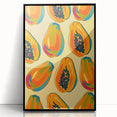 Large abstract wall art featuring assorted fruits in bold colors on a black acrylic frame, ideal for modern kitchen decor.