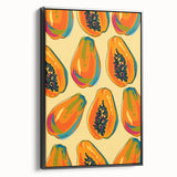 Black and white framed canvas featuring a vintage poster art style landscape with assorted fruits.