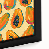 Extra large framed canvas of colorful, textured fruits on a black background, ideal for living room decor.