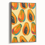Landscape art painting featuring a vintage fruit motif on framed canvas, with vibrant colors against a black background.