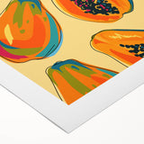 Art deco poster featuring assorted fruits in bold colors on rolled canvas, suitable for dining room decor.