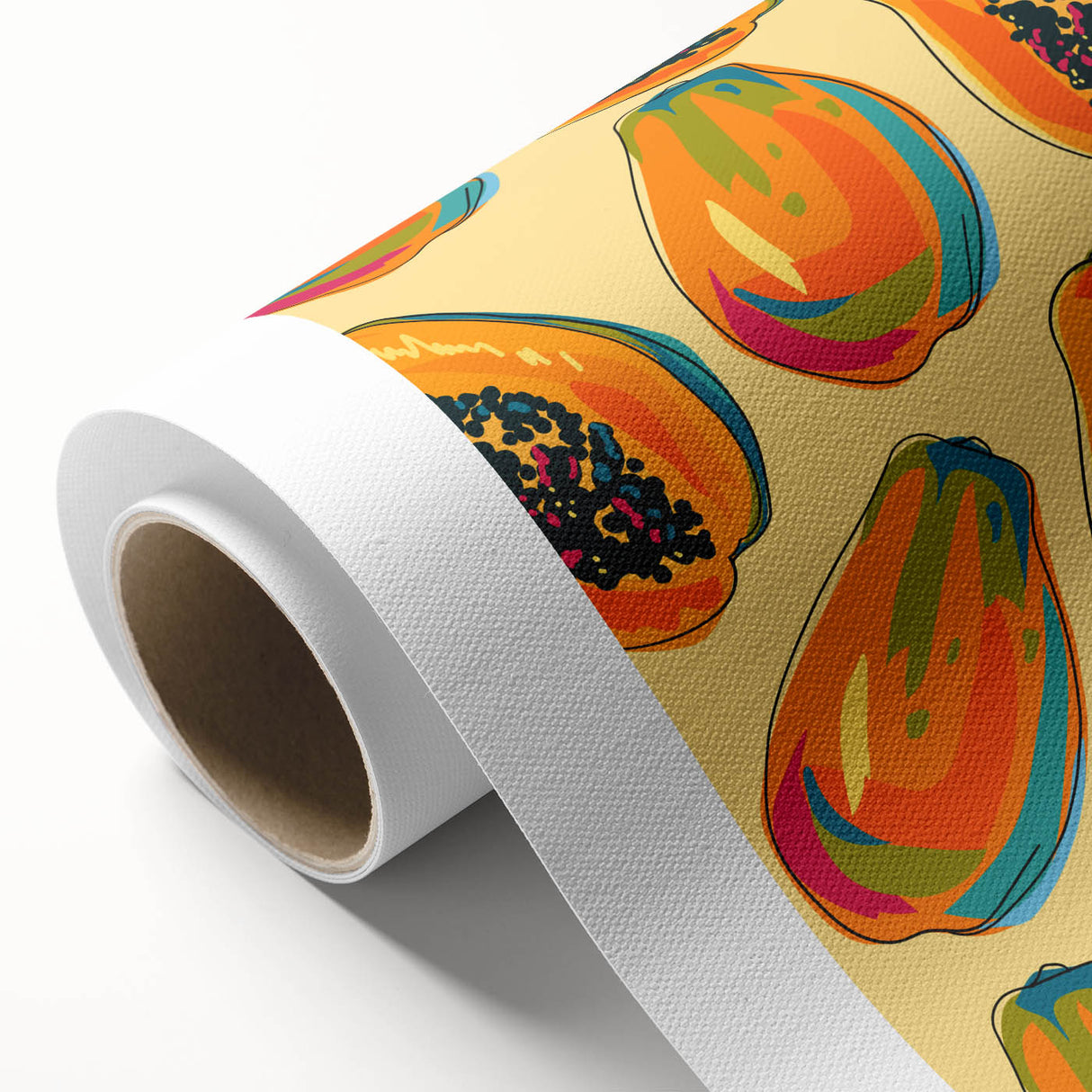 Art Deco style poster featuring an array of fruits in vibrant colors on rolled canvas, suitable for nursery wall art.