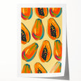 Rolled print of assorted fruits in vibrant colors on a white background, suitable as art wall for dining rooms.